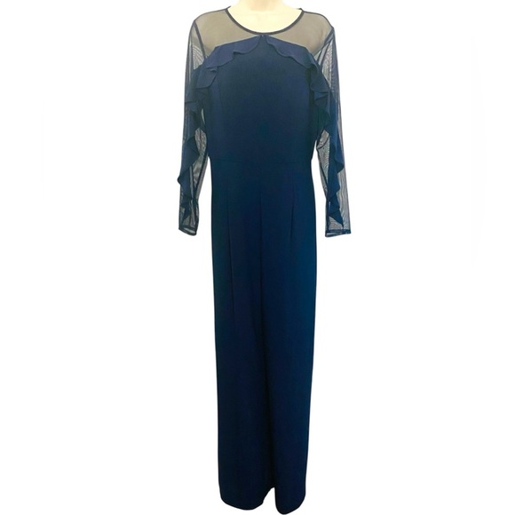 R&M Richards NWT Wide Leg Jumpsuit Ruffle Illusion Mesh Navy Plus Size Petite - Picture 3 of 15